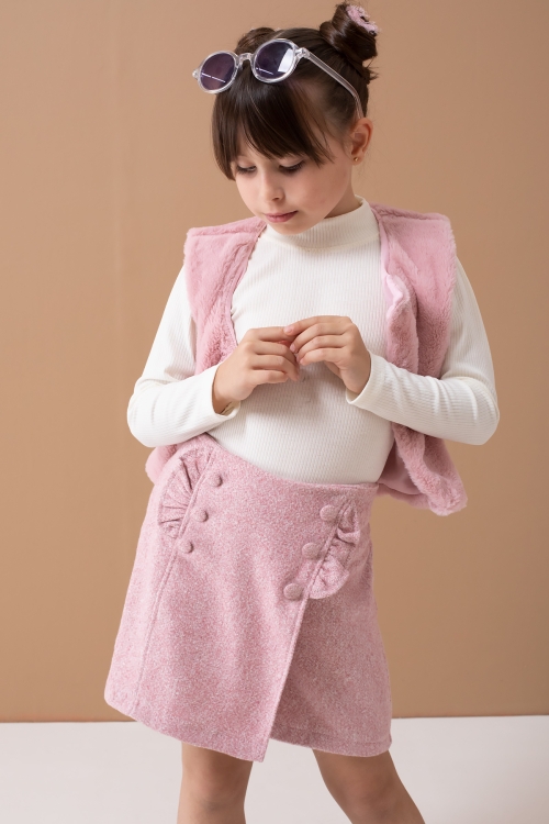 Pembe Peluş Yelekli Badili Kız Çocuk Şort Etekli Takım 19557