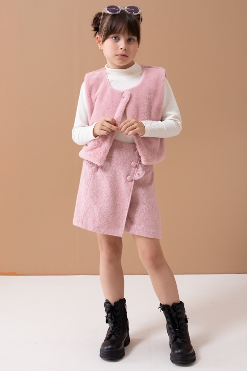 Pembe Peluş Yelekli Badili Kız Çocuk Şort Etekli Takım 19557