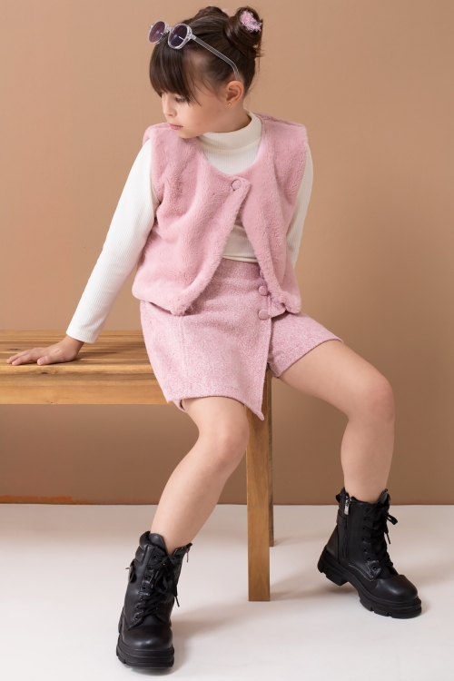 Pembe Peluş Yelekli Badili Kız Çocuk Şort Etekli Takım 19557