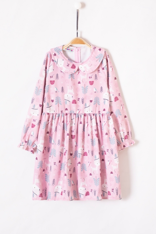Pembe Sevimli Desenli Süveterli Kız Çocuk Elbise 19549