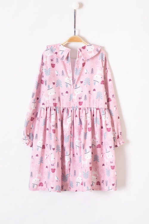 Pembe Sevimli Desenli Süveterli Kız Çocuk Elbise 19549