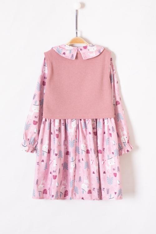 Pembe Sevimli Desenli Süveterli Kız Çocuk Elbise 19549
