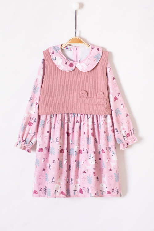 Pembe Sevimli Desenli Süveterli Kız Çocuk Elbise 19549