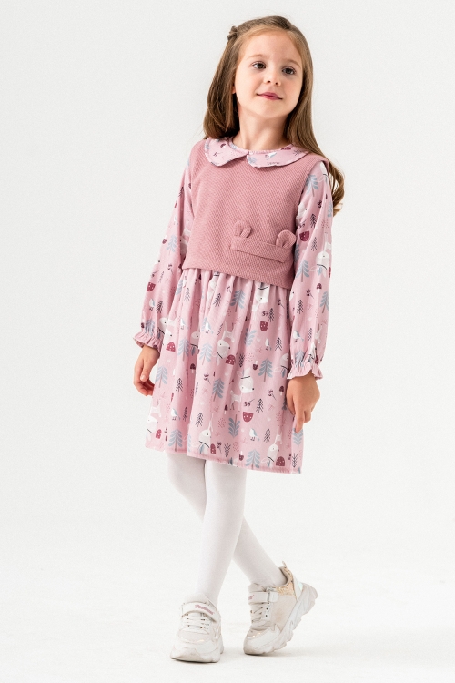 Pembe Sevimli Desenli Süveterli Kız Çocuk Elbise 19549