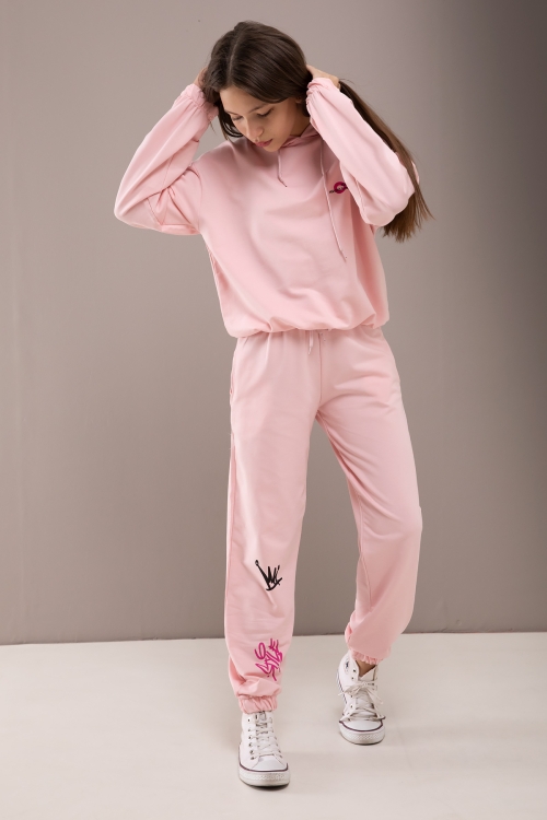 Pembe Yazı Baskılı Kapüşonlu Kız Eşofman Takımı 19779