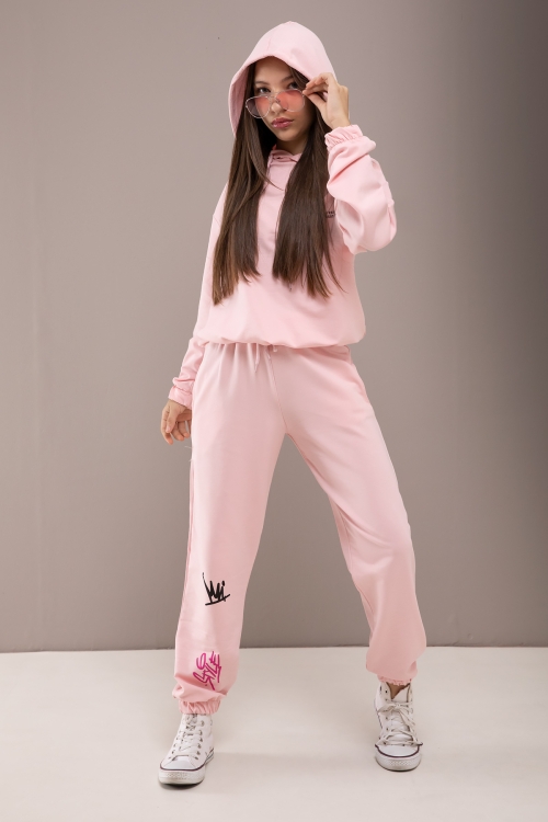 Pembe Yazı Baskılı Kapüşonlu Kız Eşofman Takımı 19779