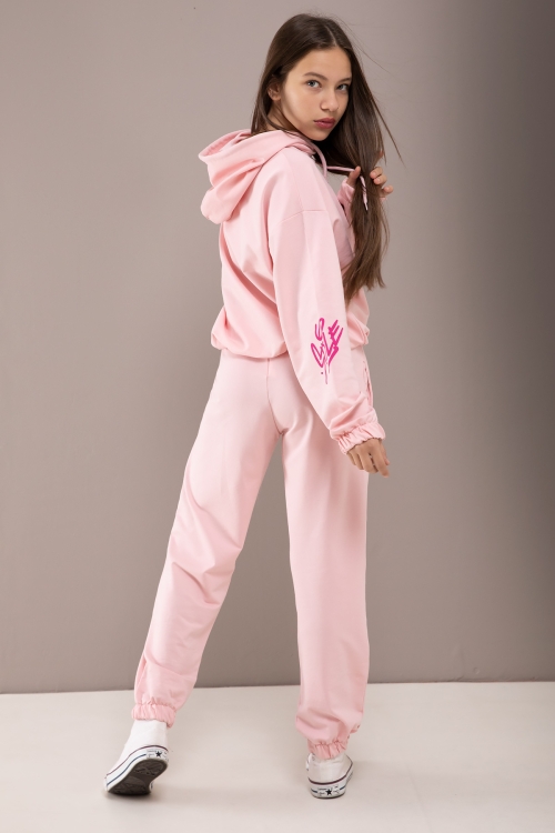 Pembe Yazı Baskılı Kapüşonlu Kız Eşofman Takımı 19779