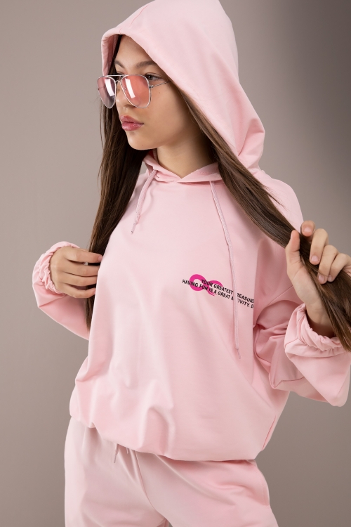 Pembe Yazı Baskılı Kapüşonlu Kız Eşofman Takımı 19779