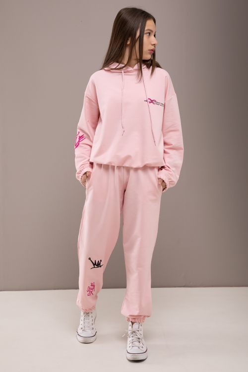 Pembe Yazı Baskılı Kapüşonlu Kız Eşofman Takımı 19779