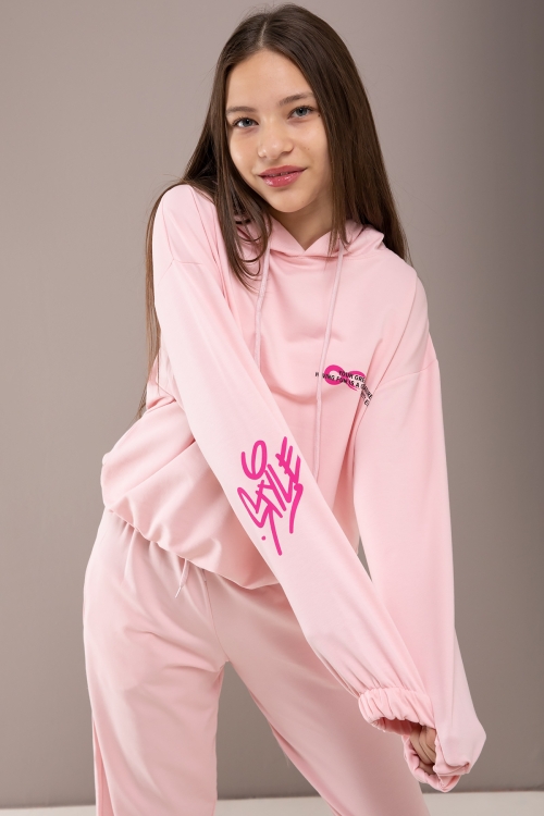 Pembe Yazı Baskılı Kapüşonlu Kız Eşofman Takımı 19779