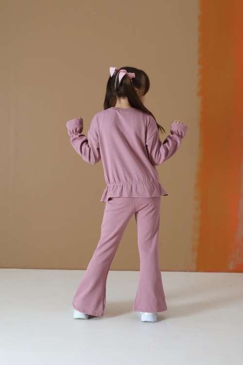 Pembe Yırtmaç Detaylı Beli Büzgülü Badili Kız Çocuk Şardonlu Takım 19742
