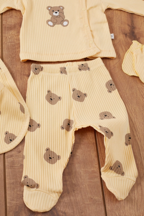 Sarı Ayıcık Baskılı Önlüklü Erkek Bebek 5li Hastane Çıkışı 19467