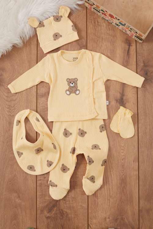 Sarı Ayıcık Baskılı Önlüklü Erkek Bebek 5li Hastane Çıkışı 19467