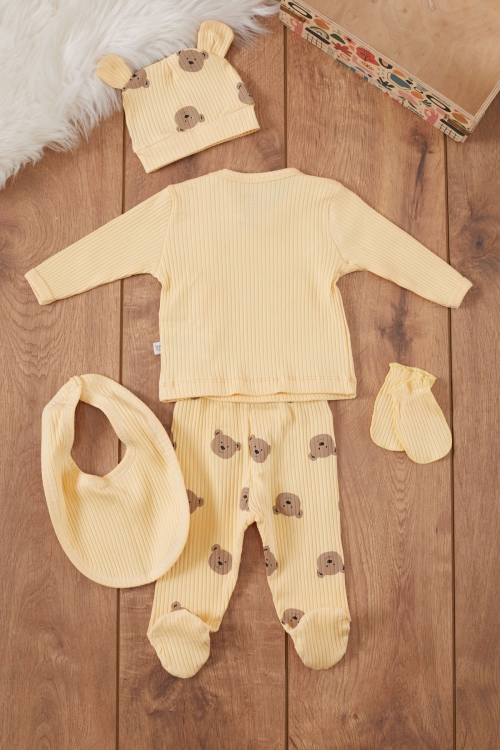 Sarı Ayıcık Baskılı Önlüklü Erkek Bebek 5li Hastane Çıkışı 19467