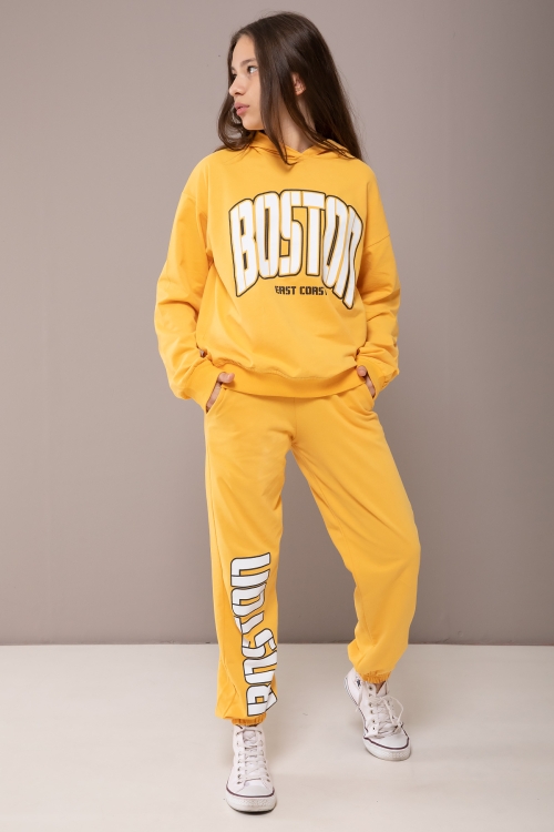 Sarı Boston Yazılı Kapüşonlu Kız Çocuk Eşofman Takımı 19828