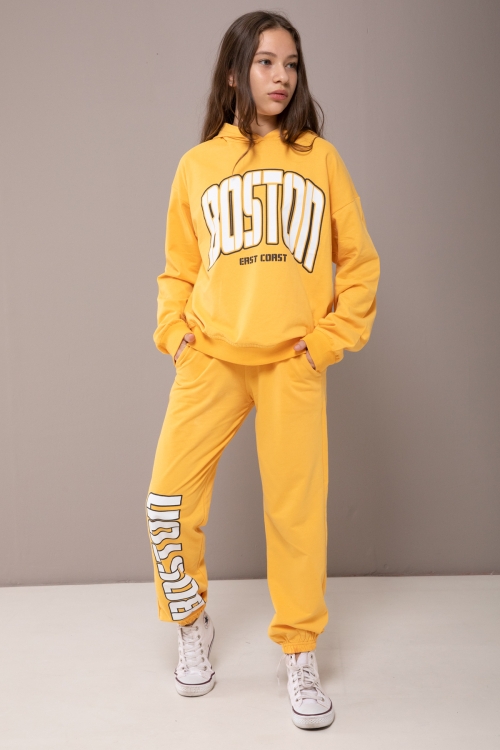 Sarı Boston Yazılı Kapüşonlu Kız Çocuk Eşofman Takımı 19828