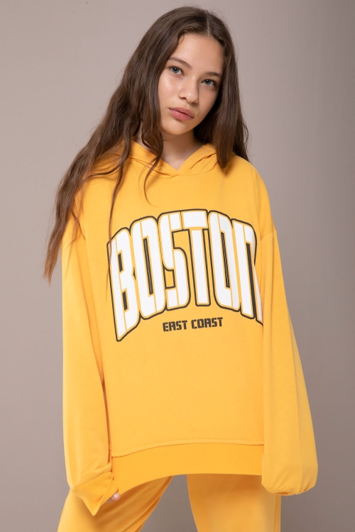 Sarı Boston Yazılı Kapüşonlu Kız Çocuk Eşofman Takımı 19828