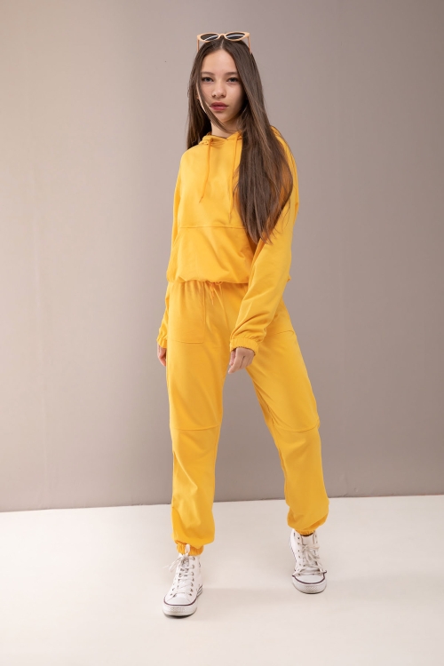 Sarı Kapüşonlu Beli Lastikli Kız Çocuk Basic Eşofman Takımı 19753