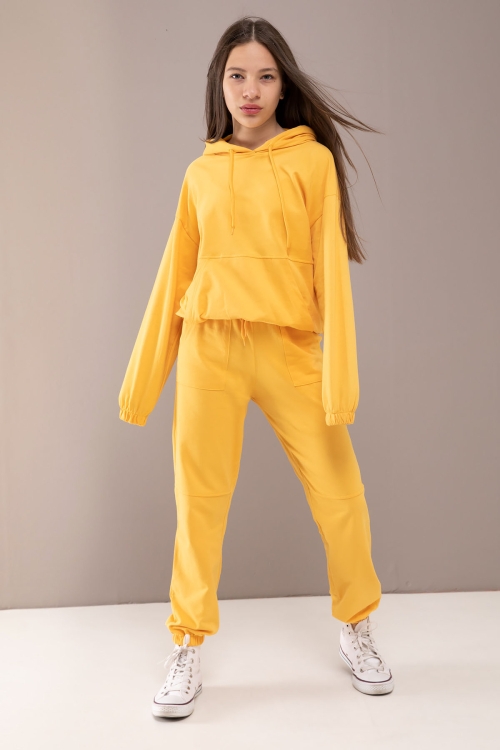Sarı Kapüşonlu Beli Lastikli Kız Çocuk Basic Eşofman Takımı 19753