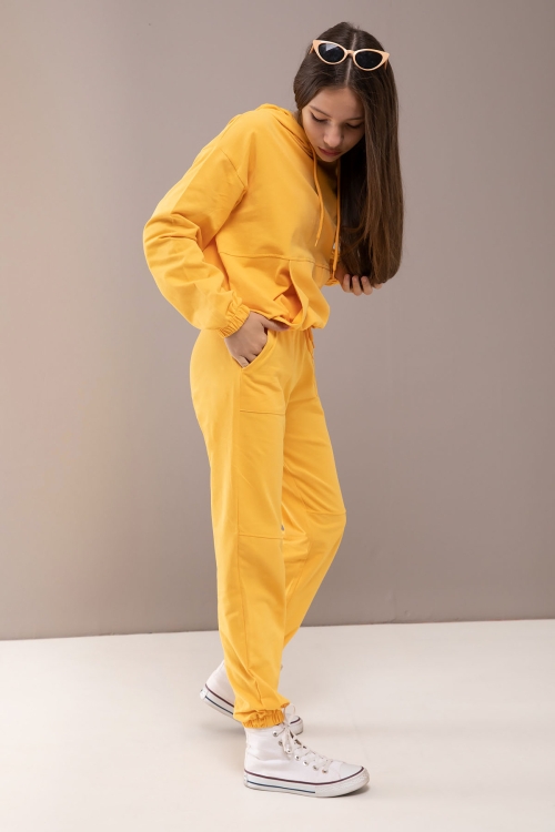 Sarı Kapüşonlu Beli Lastikli Kız Çocuk Basic Eşofman Takımı 19753