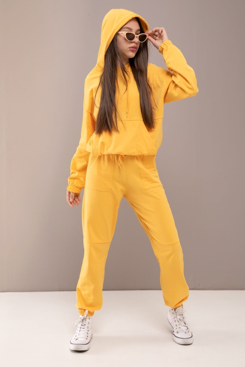 Sarı Kapüşonlu Beli Lastikli Kız Çocuk Basic Eşofman Takımı 19753
