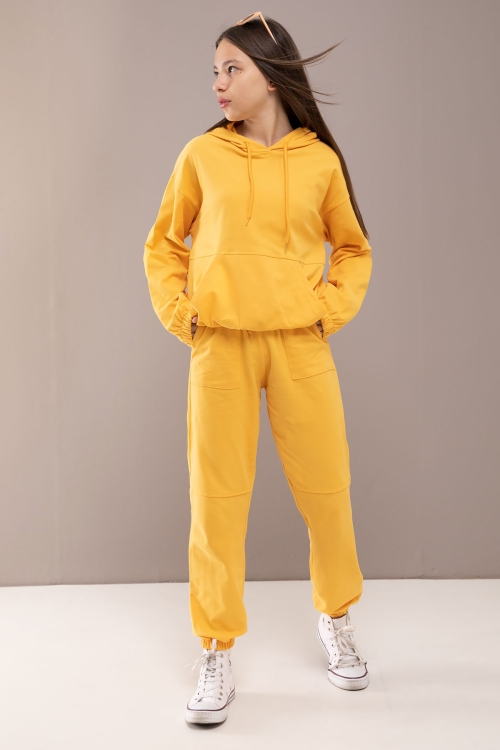 Sarı Kapüşonlu Beli Lastikli Kız Çocuk Basic Eşofman Takımı 19753