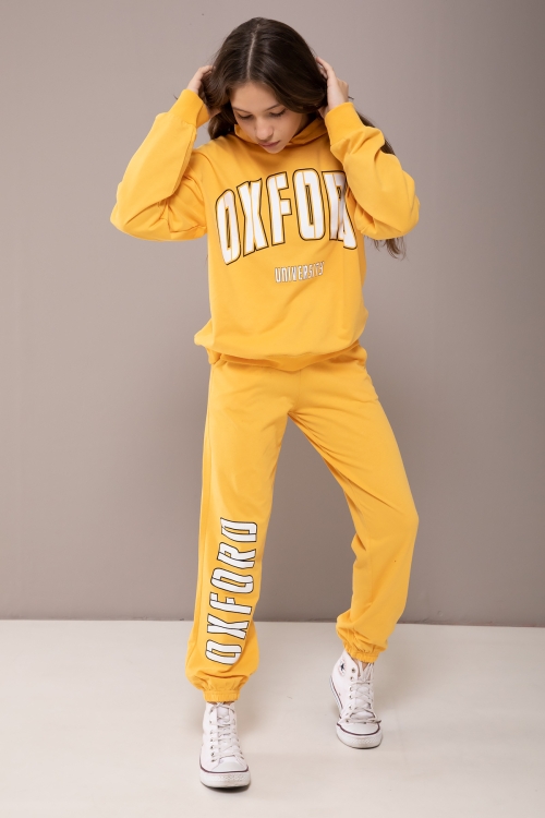 Sarı Oxford Baskılı Kapüşonlu Kız Çocuk Eşofman Takımı 19818