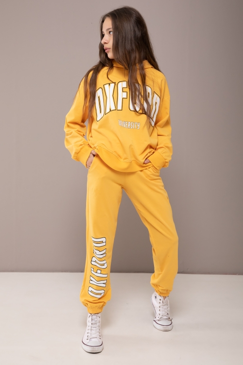 Sarı Oxford Baskılı Kapüşonlu Kız Çocuk Eşofman Takımı 19818