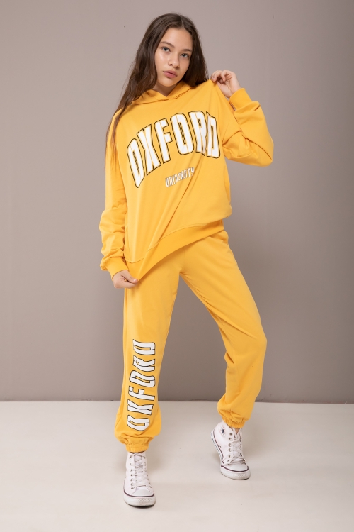 Sarı Oxford Baskılı Kapüşonlu Kız Çocuk Eşofman Takımı 19818