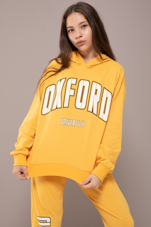 Sarı Oxford Baskılı Kapüşonlu Kız Çocuk Eşofman Takımı 19818
