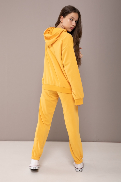 Sarı Oxford Baskılı Kapüşonlu Kız Çocuk Eşofman Takımı 19818