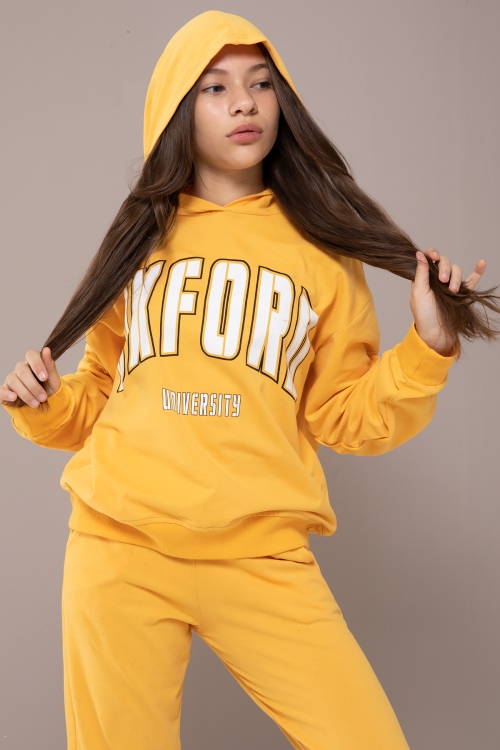 Sarı Oxford Baskılı Kapüşonlu Kız Çocuk Eşofman Takımı 19818