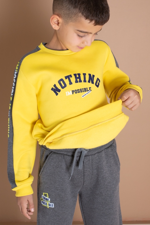 Sarı Şerit Yazı Baskılı Şardonlu Erkek Çocuk Eşofman Takımı 19610