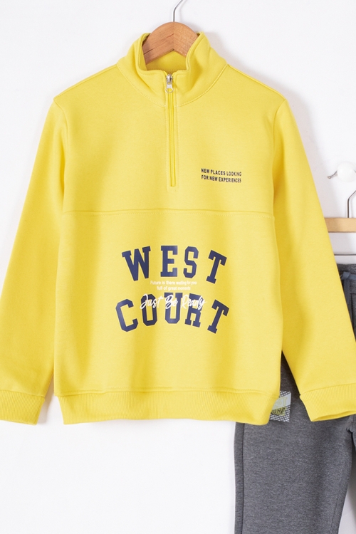 Sarı West Yazılı Fermuar Yaka Erkek Çocuk Şardonlu Eşofman Takım 19595
