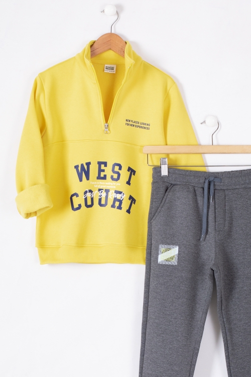 Sarı West Yazılı Fermuar Yaka Erkek Çocuk Şardonlu Eşofman Takım 19595