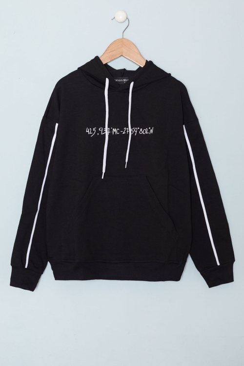 Siyah Baskılı Erkek Çocuk Şeritli Kapüşonlu Sweatshirt 19216