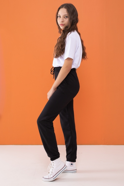 Siyah Bel ve Paça Lastikli Basic Kız Çocuk Okul Eşofman Altı 16248