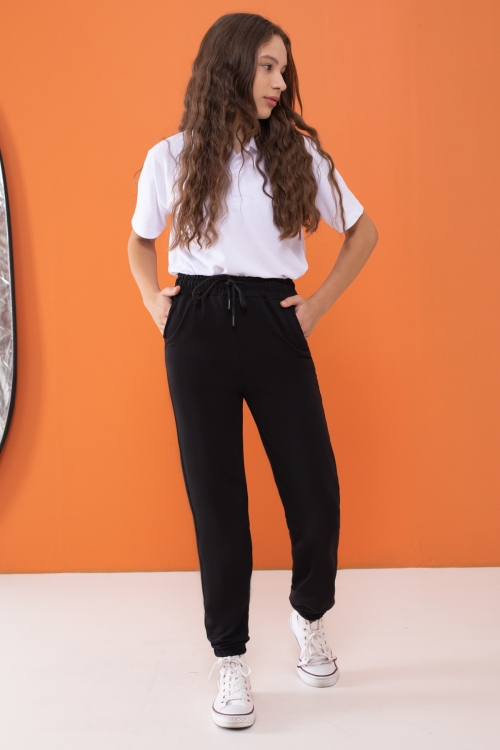 Siyah Bel ve Paça Lastikli Basic Kız Çocuk Okul Eşofman Altı 16248