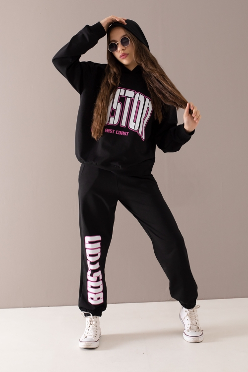 Siyah Boston Yazılı Kapüşonlu Kız Çocuk Eşofman Takımı 19757