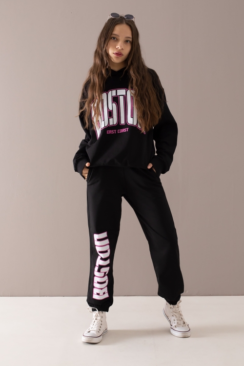 Siyah Boston Yazılı Kapüşonlu Kız Çocuk Eşofman Takımı 19757