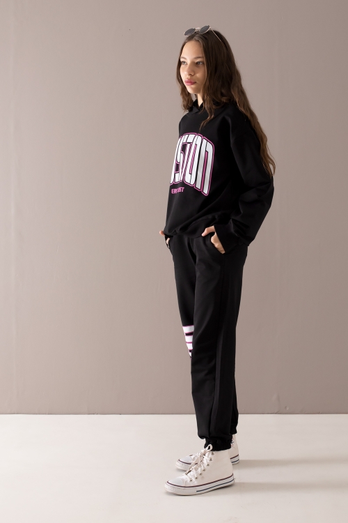 Siyah Boston Yazılı Kapüşonlu Kız Çocuk Eşofman Takımı 19757