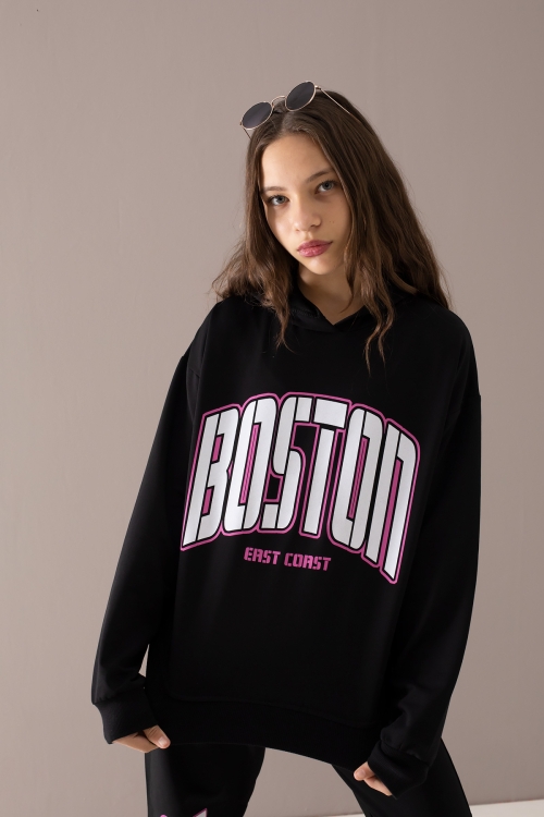 Siyah Boston Yazılı Kapüşonlu Kız Çocuk Eşofman Takımı 19757
