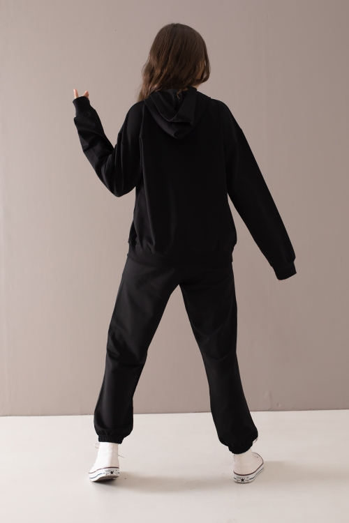 Siyah Boston Yazılı Kapüşonlu Kız Çocuk Eşofman Takımı 19757