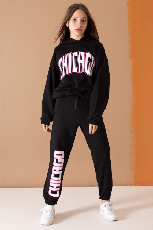 Siyah Chicago Yazılı Kapüşonlu Kız Çocuk Eşofman Takımı 19577