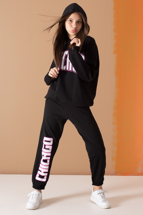 Siyah Chicago Yazılı Kapüşonlu Kız Çocuk Eşofman Takımı 19577