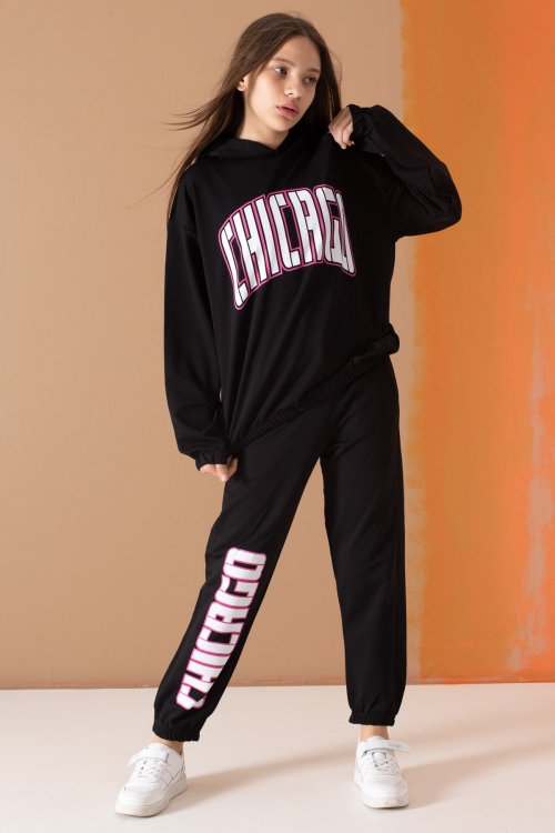 Siyah Chicago Yazılı Kapüşonlu Kız Çocuk Eşofman Takımı 19577