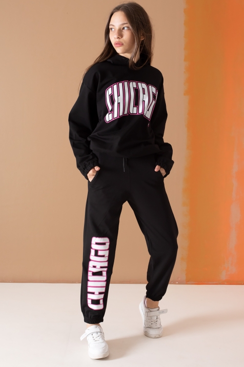 Siyah Chicago Yazılı Kapüşonlu Kız Çocuk Eşofman Takımı 19577