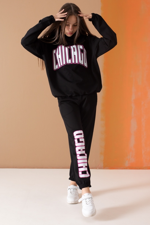 Siyah Chicago Yazılı Kapüşonlu Kız Çocuk Eşofman Takımı 19577