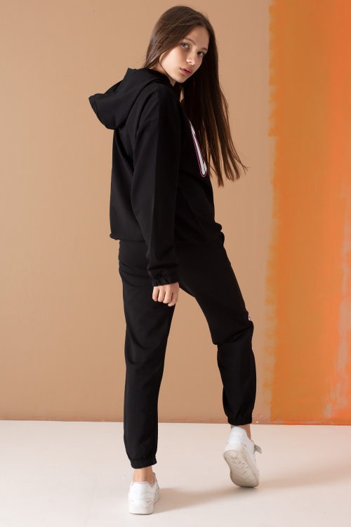 Siyah Chicago Yazılı Kapüşonlu Kız Çocuk Eşofman Takımı 19577