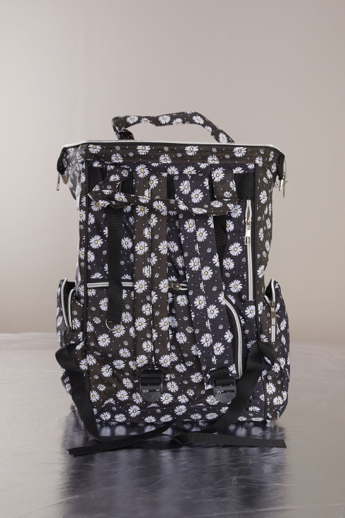 Siyah Çiçek Desenli Çok Fonksiyonlu Anne Bebek Bakım Çantası 19712